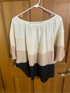 LOFT Three-Tone Off-Shoulder Blouse in White, Beige & Black
